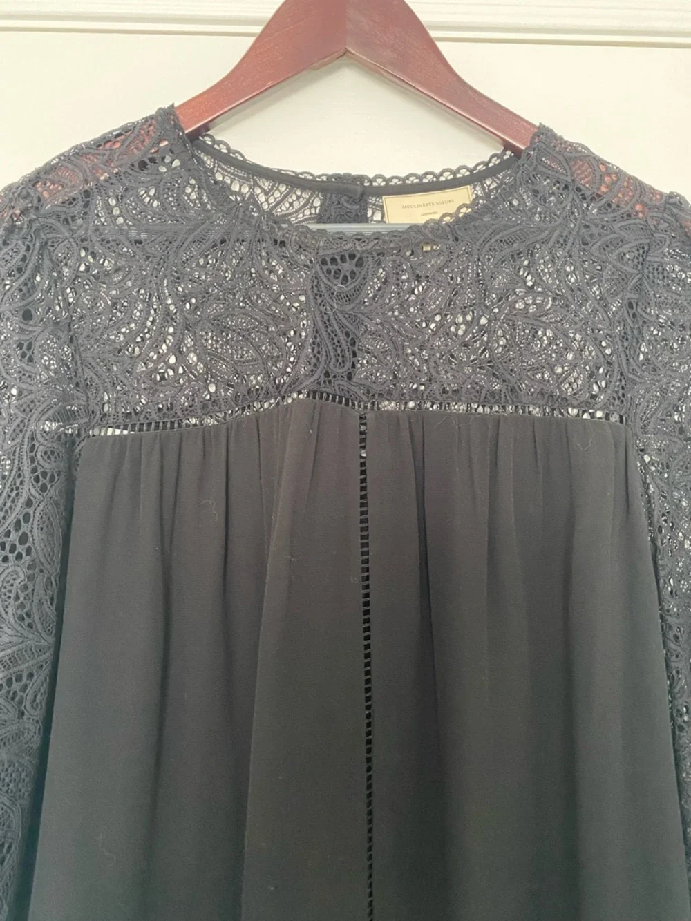 Anthropologie Moulinette Soeurs Black Lace Yoke & Sleeve Blouse Size 12 - Picture 3 of 14